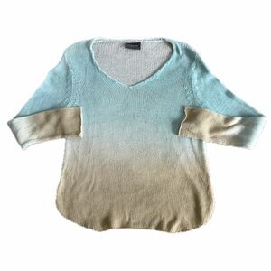 WOODEN SHIPS Women’s Ombré V-Neck Curved Hem Sweater in Blue / Tan Size S/M